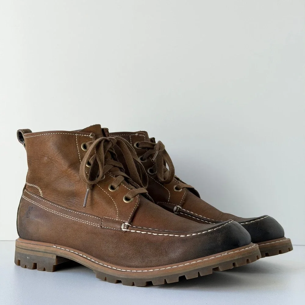 John Varvatos Work Boots Mens 9 Brown Leather Lug Sole Burnished Moc Toe